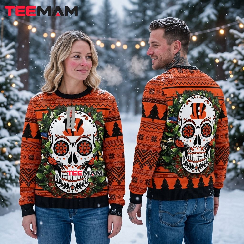 Personalized Cincinnati Bengals Ugly Sweater Christmas Sugar Skull Wreath Back Personalized Cincinnati Bengals Ugly Sweater Christmas Sugar Skull Wreath Back