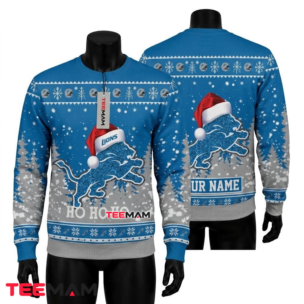 Personalized Detroit Lions Ugly Sweater Christmas Lion Logo Santa Hat Front