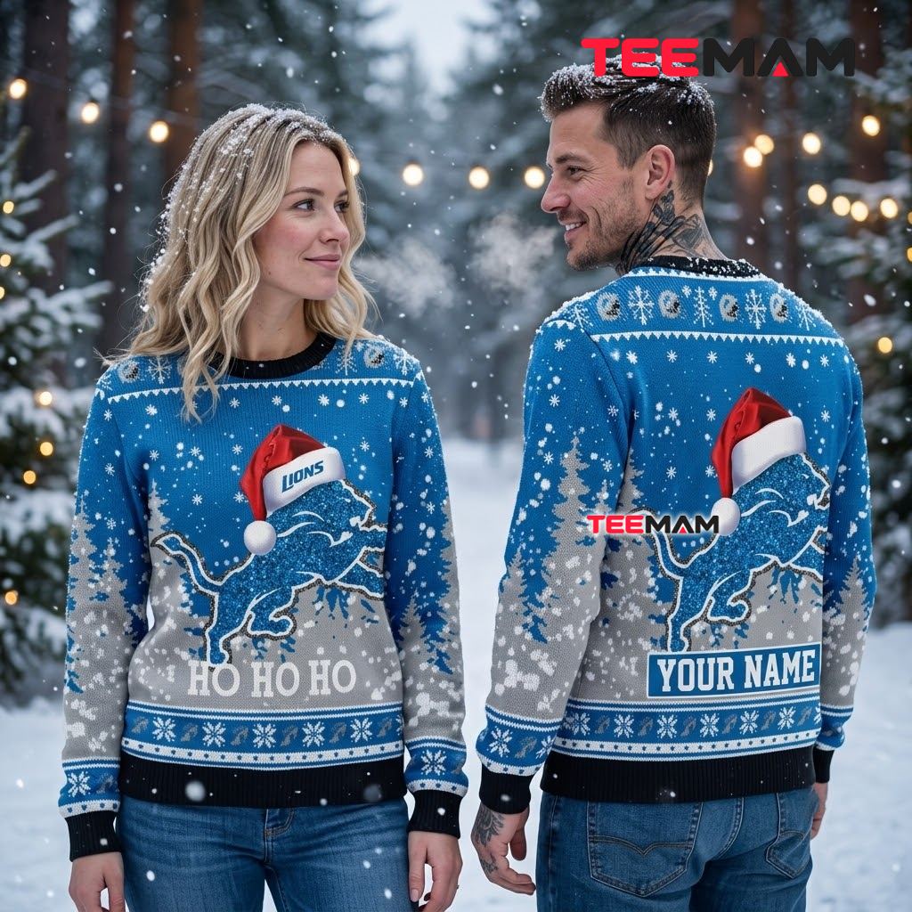 Personalized Detroit Lions Ugly Sweater Christmas Lion Logo Santa Hat Back Personalized Detroit Lions Ugly Sweater Christmas Lion Logo Santa Hat Back