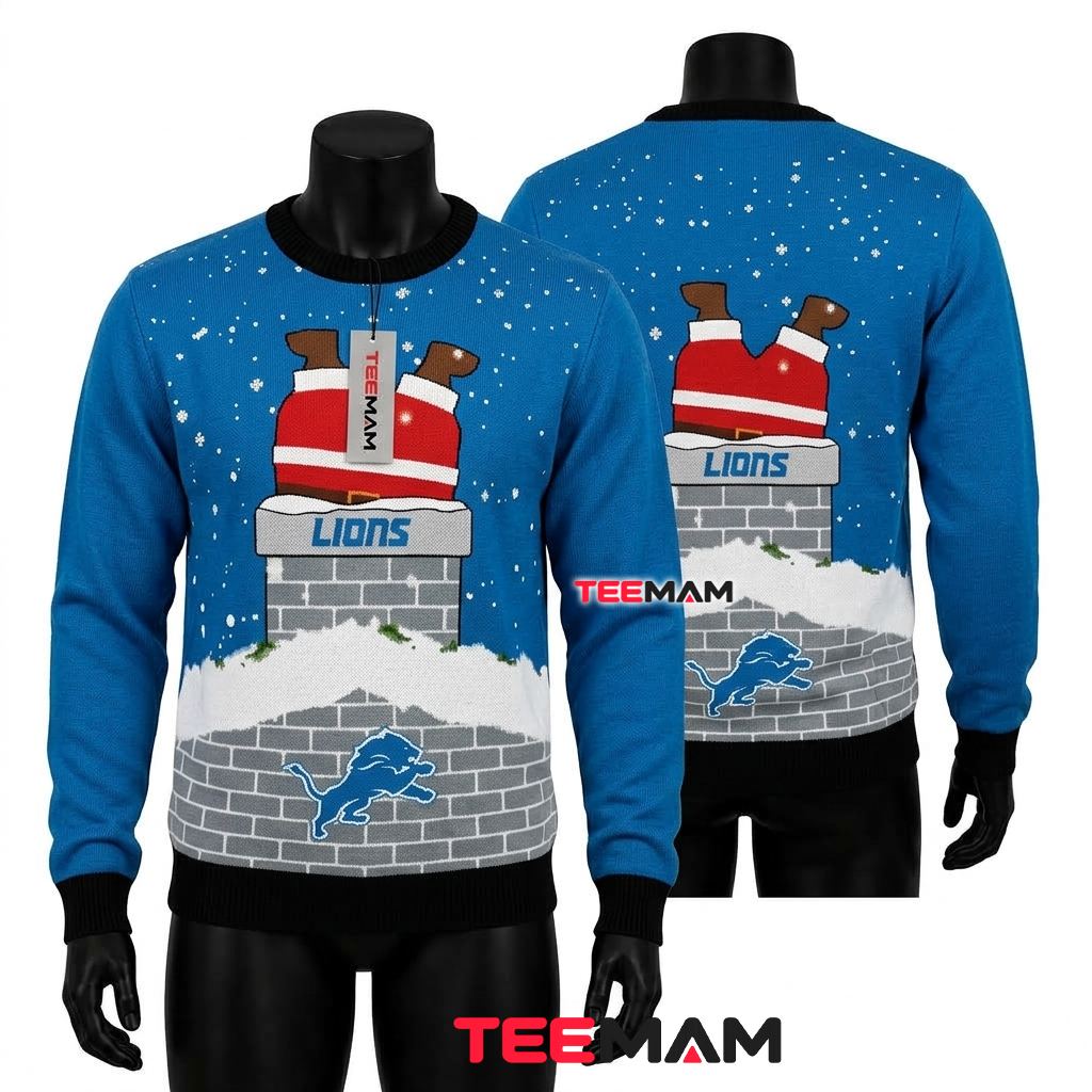Personalized Detroit Lions Ugly Sweater Christmas Santa Stuck In Chimney Front
