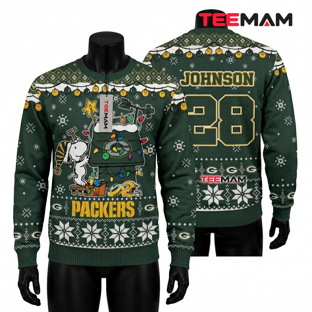 Personalized Green Bay Packers Christmas Ugly Sweater Snoopy Doghouse Design Front