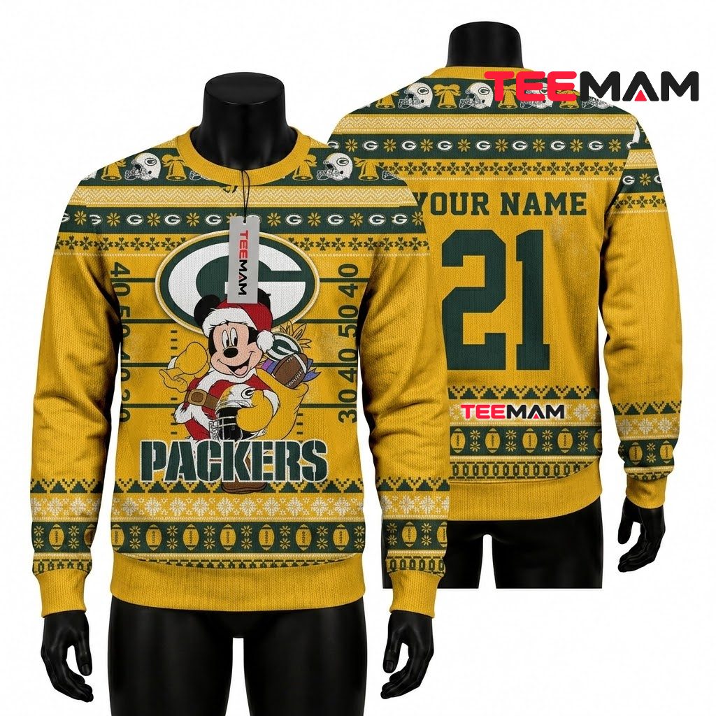Personalized Green Bay Packers Ugly Christmas Sweater Mickey Santa Design Front
