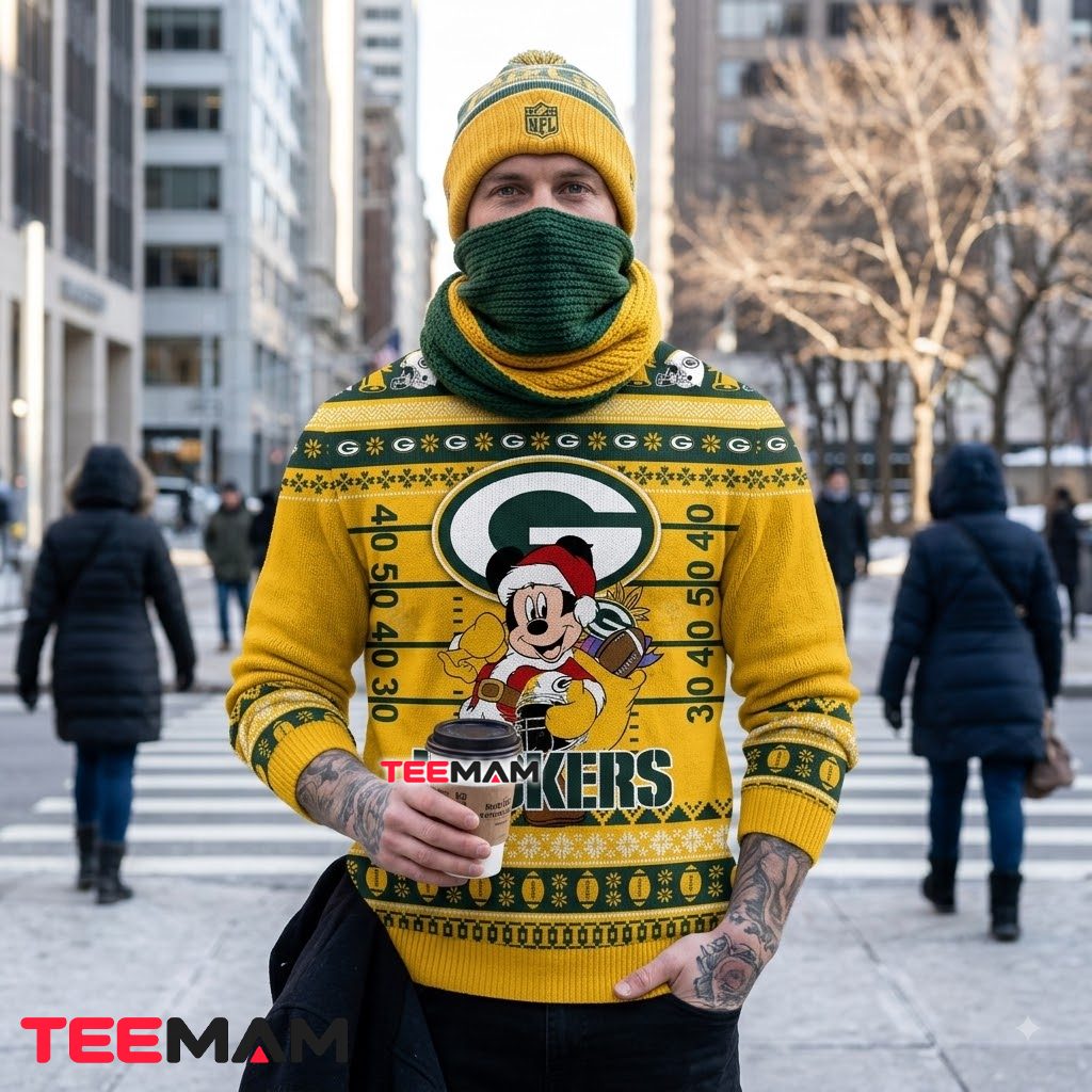 Personalized Green Bay Packers Ugly Christmas Sweater Mickey Santa Design Back Personalized Green Bay Packers Ugly Christmas Sweater Mickey Santa Design Back