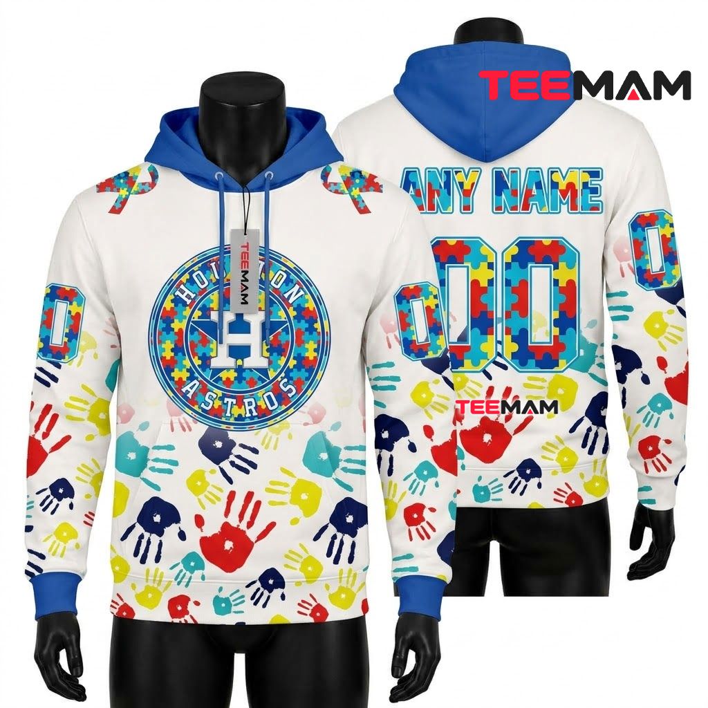 Personalized Houston Astros 3D Hoodie Autism Awareness Puzzle Handprint Front