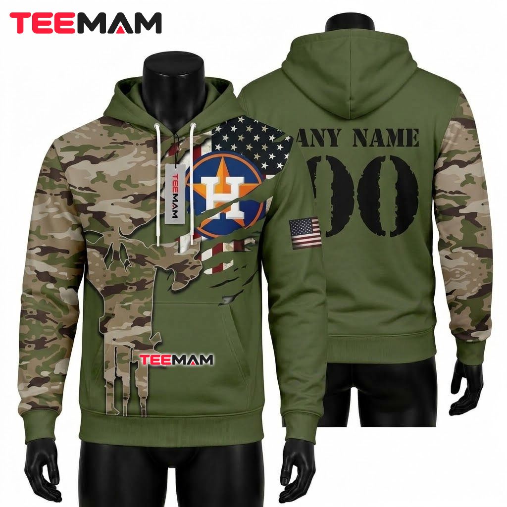 Personalized Houston Astros 3D Hoodie Punisher Skull Military Camo Front
