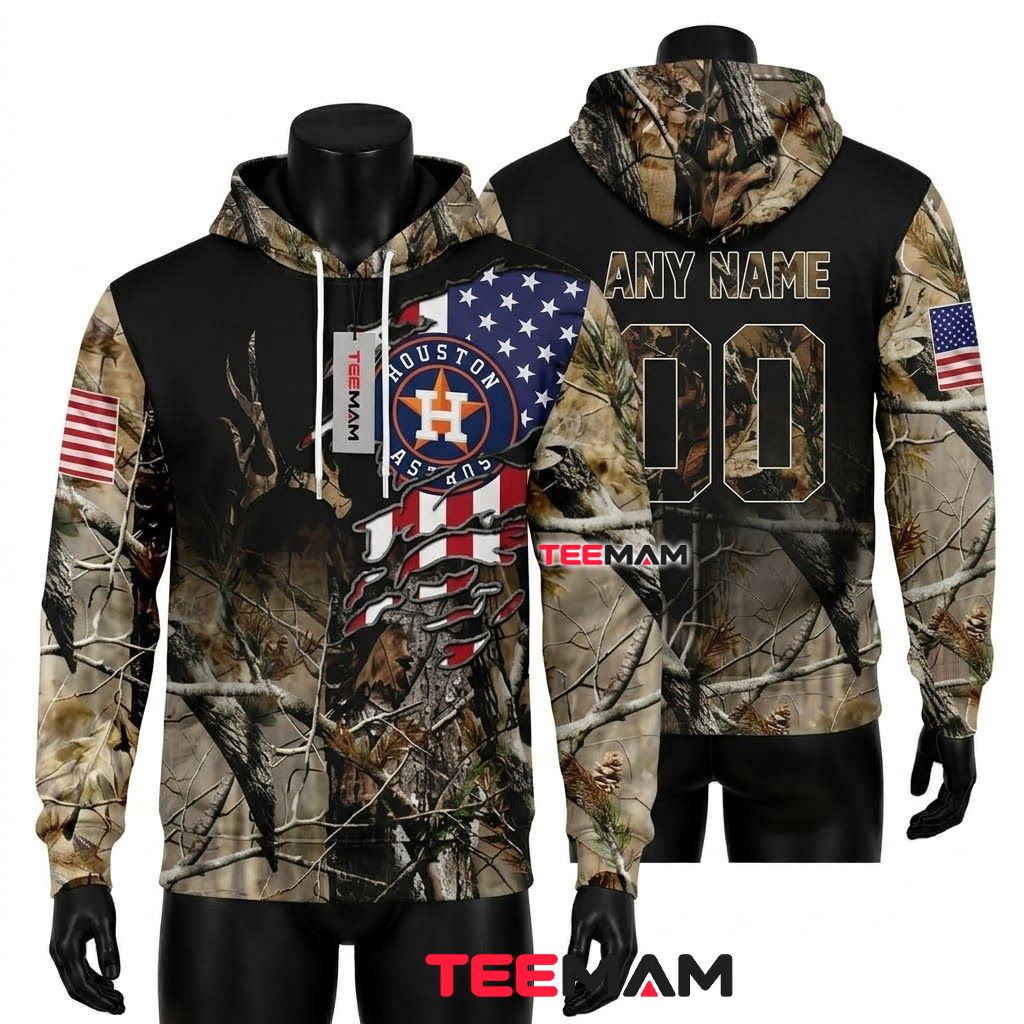 Personalized Houston Astros 3D Hoodie Realtree Camo American Flag Front