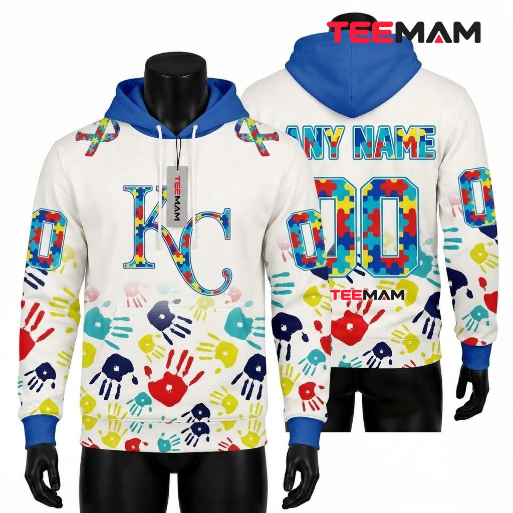 Personalized Kansas City Royals 3D Hoodie Autism Awareness Puzzle Handprints Front
