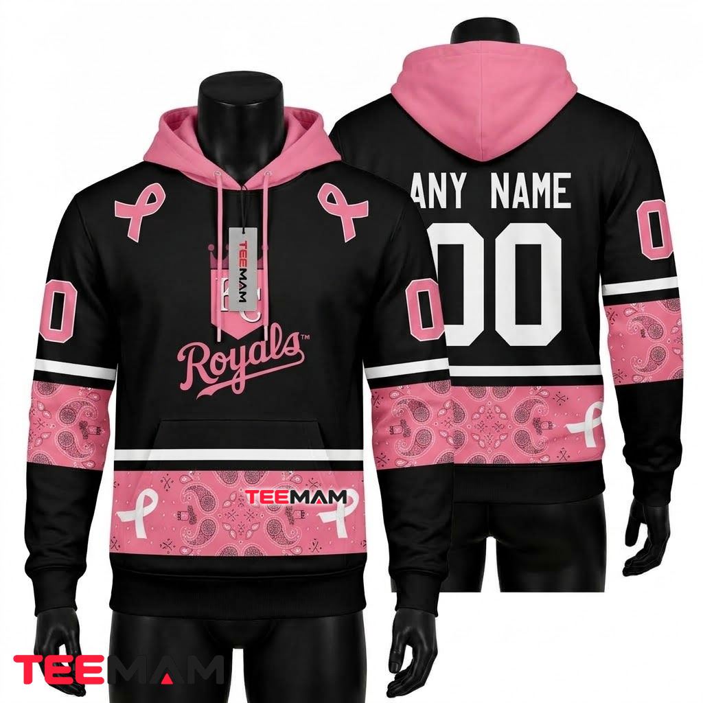 Personalized Kansas City Royals 3D Hoodie Pink Breast Cancer Paisley Ribbon Front