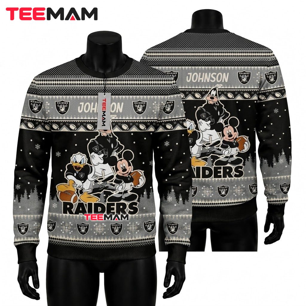 Personalized Las Vegas Raiders Ugly Christmas Sweater Mickey Donald Goofy Front
