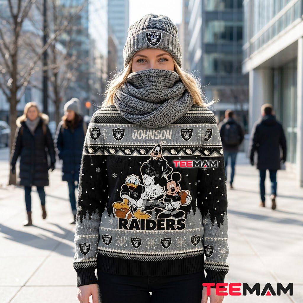 Personalized Las Vegas Raiders Ugly Christmas Sweater Mickey Donald Goofy Back Personalized Las Vegas Raiders Ugly Christmas Sweater Mickey Donald Goofy Back