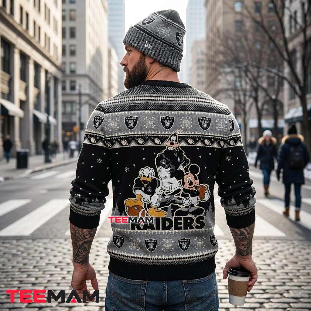 Personalized Las Vegas Raiders Ugly Christmas Sweater Mickey Donald Goofy Version 3 Personalized Las Vegas Raiders Ugly Christmas Sweater Mickey Donald Goofy Version 3