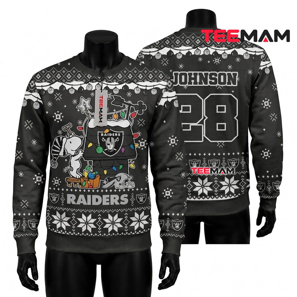 Personalized Las Vegas Raiders Ugly Christmas Sweater Snoopy Doghouse Front