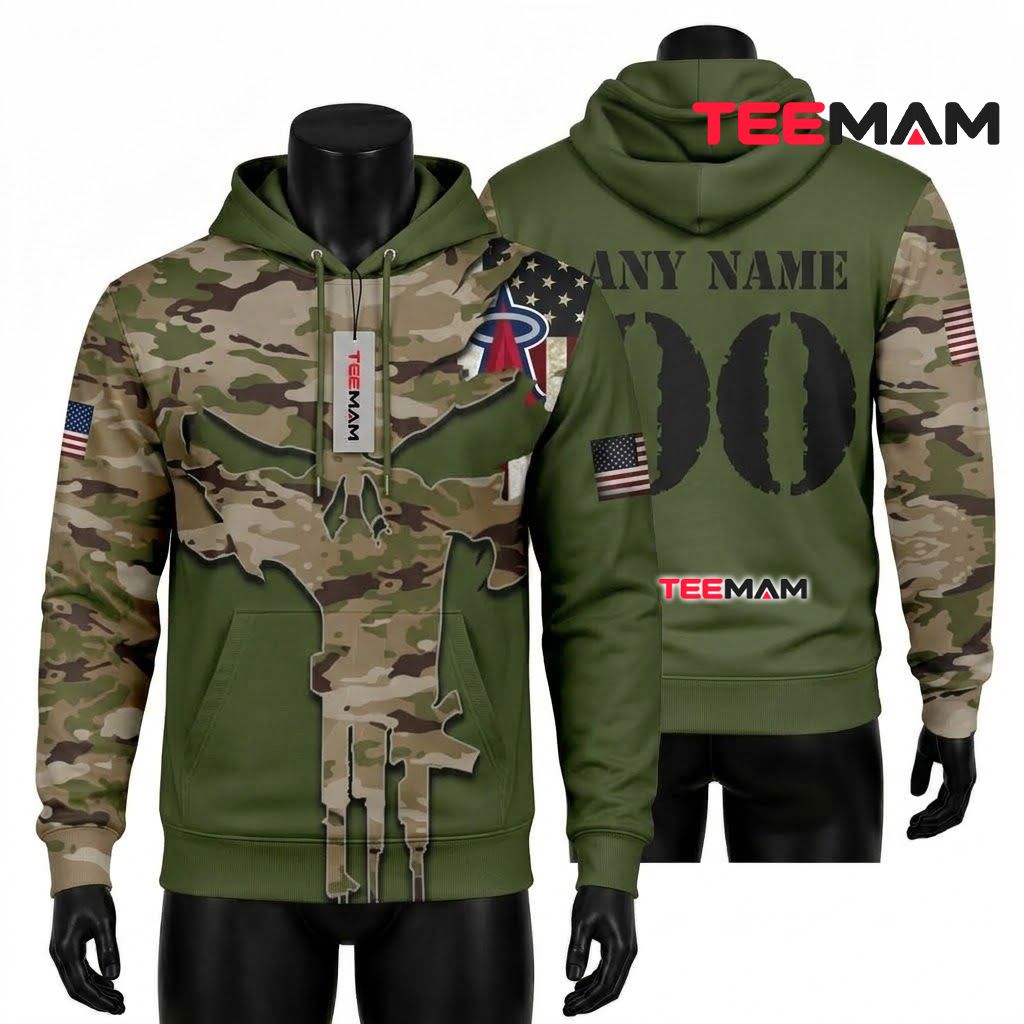 Personalized Los Angeles Angels 3D Hoodie Skull Camo American Flag Front