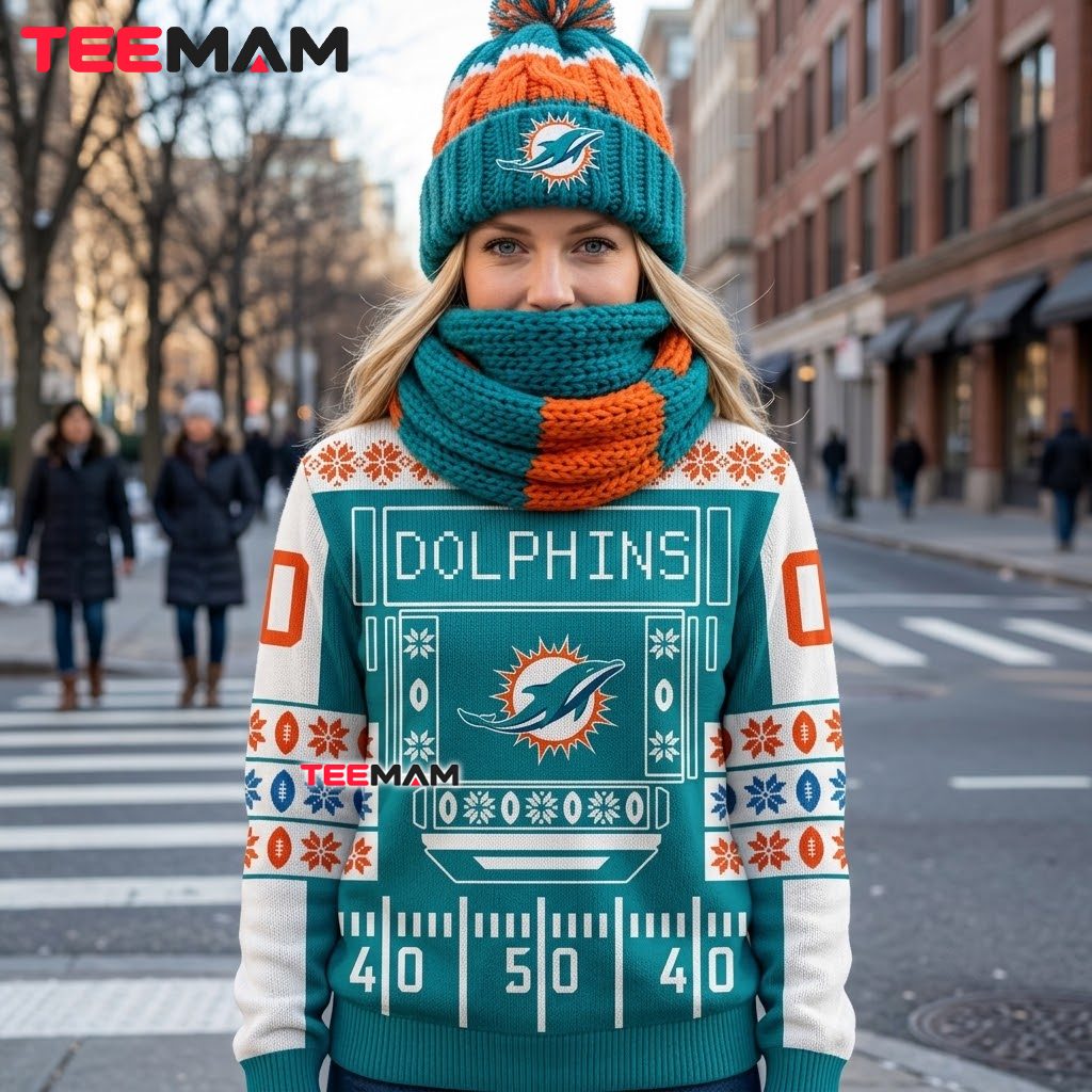 Personalized Miami Dolphins Ugly Christmas Sweater Football Field Back Personalized Miami Dolphins Ugly Christmas Sweater Football Field Back