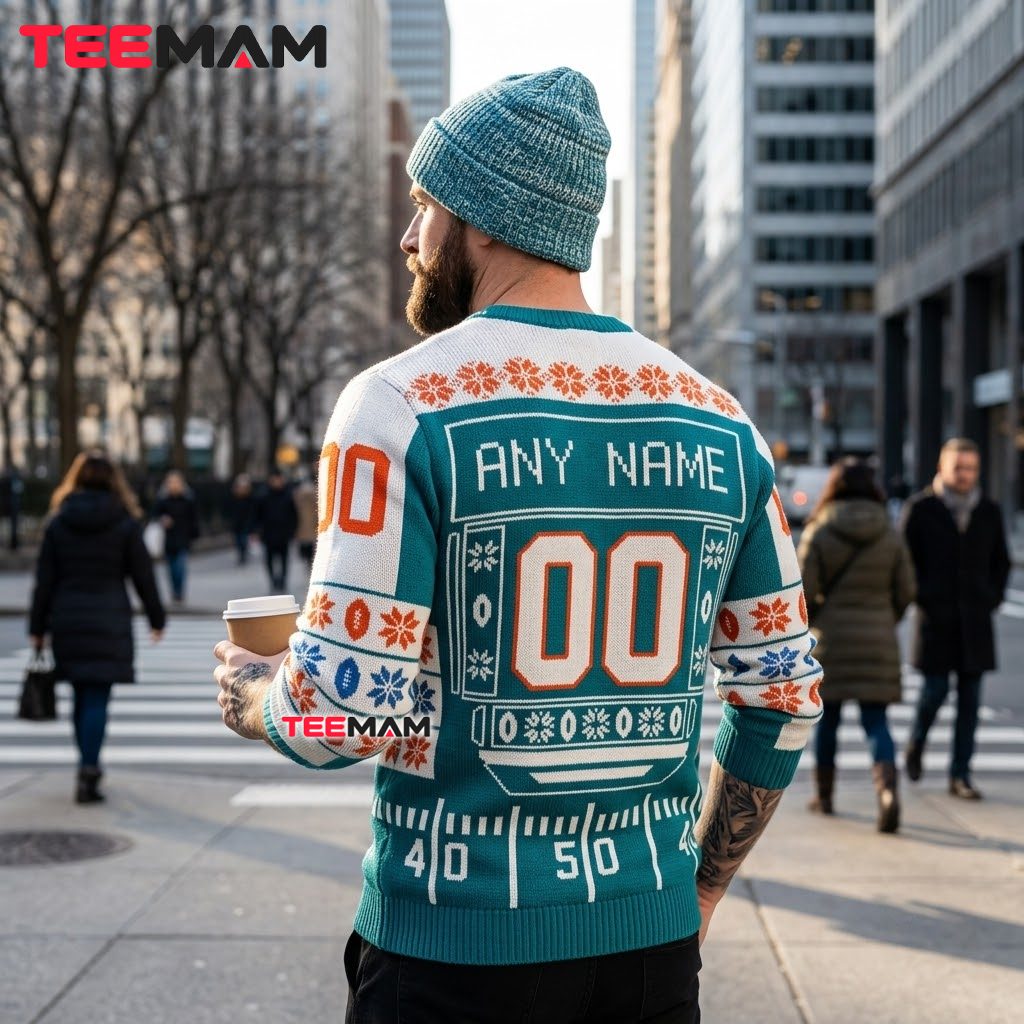 Personalized Miami Dolphins Ugly Christmas Sweater Football Field Version 3 Personalized Miami Dolphins Ugly Christmas Sweater Football Field Version 3