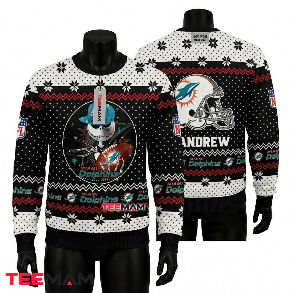 Personalized Miami Dolphins Ugly Christmas Sweater Jack Skellington Front