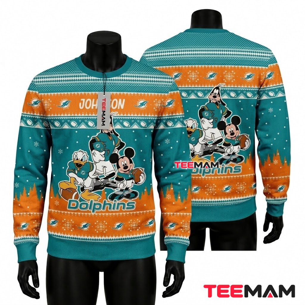 Personalized Miami Dolphins Ugly Christmas Sweater Mickey Donald Goofy Front