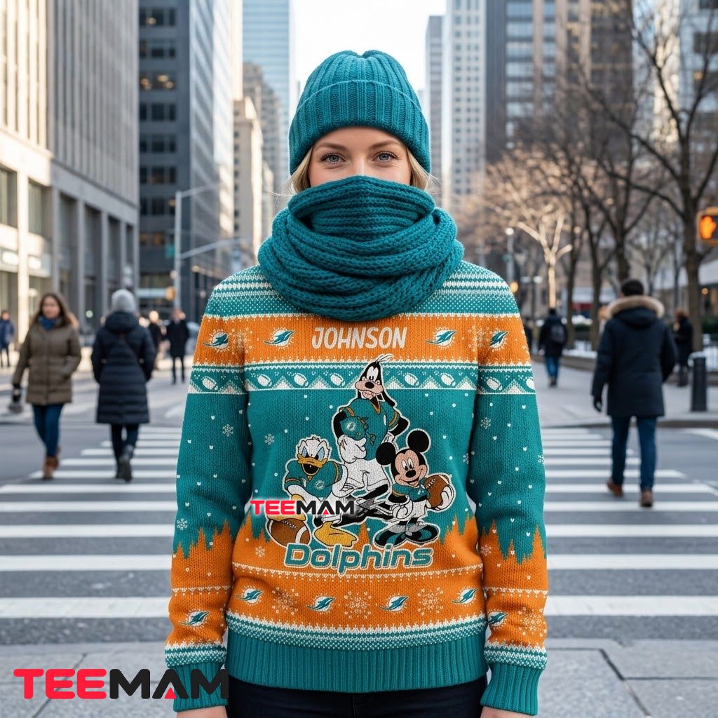 Personalized Miami Dolphins Ugly Christmas Sweater Mickey Donald Goofy Back Personalized Miami Dolphins Ugly Christmas Sweater Mickey Donald Goofy Back