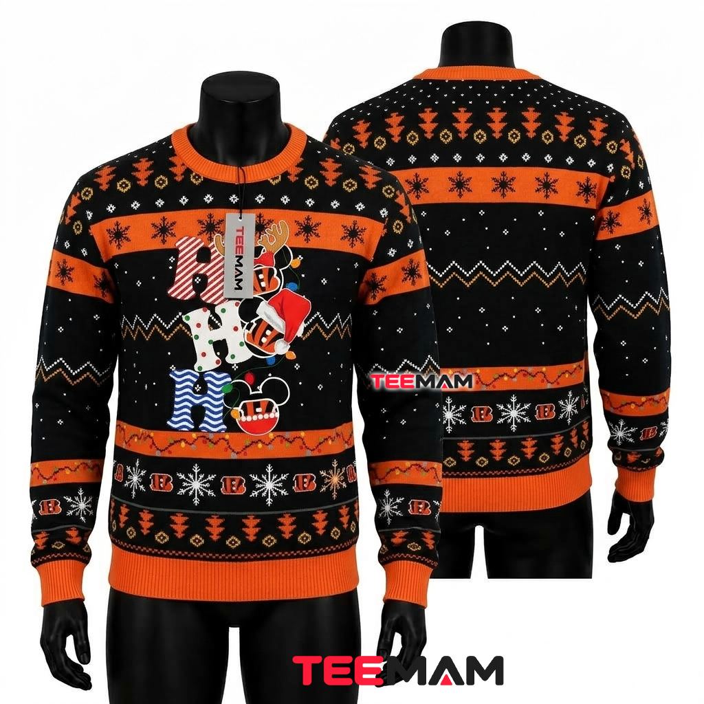 Personalized Mickey Mouse Cincinnati Bengals Ugly Christmas Sweater HO HO HO Front