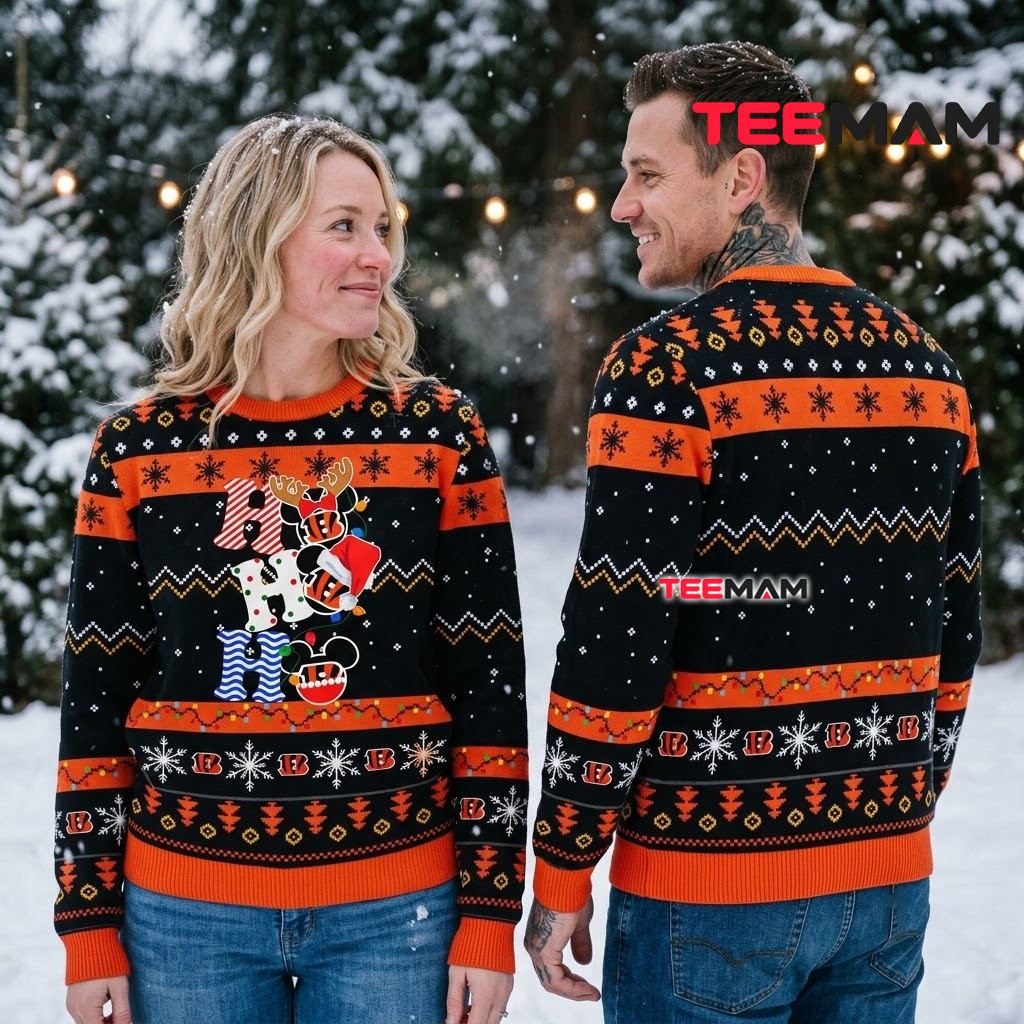 Personalized Mickey Mouse Cincinnati Bengals Ugly Christmas Sweater HO HO HO Back Personalized Mickey Mouse Cincinnati Bengals Ugly Christmas Sweater HO HO HO Back