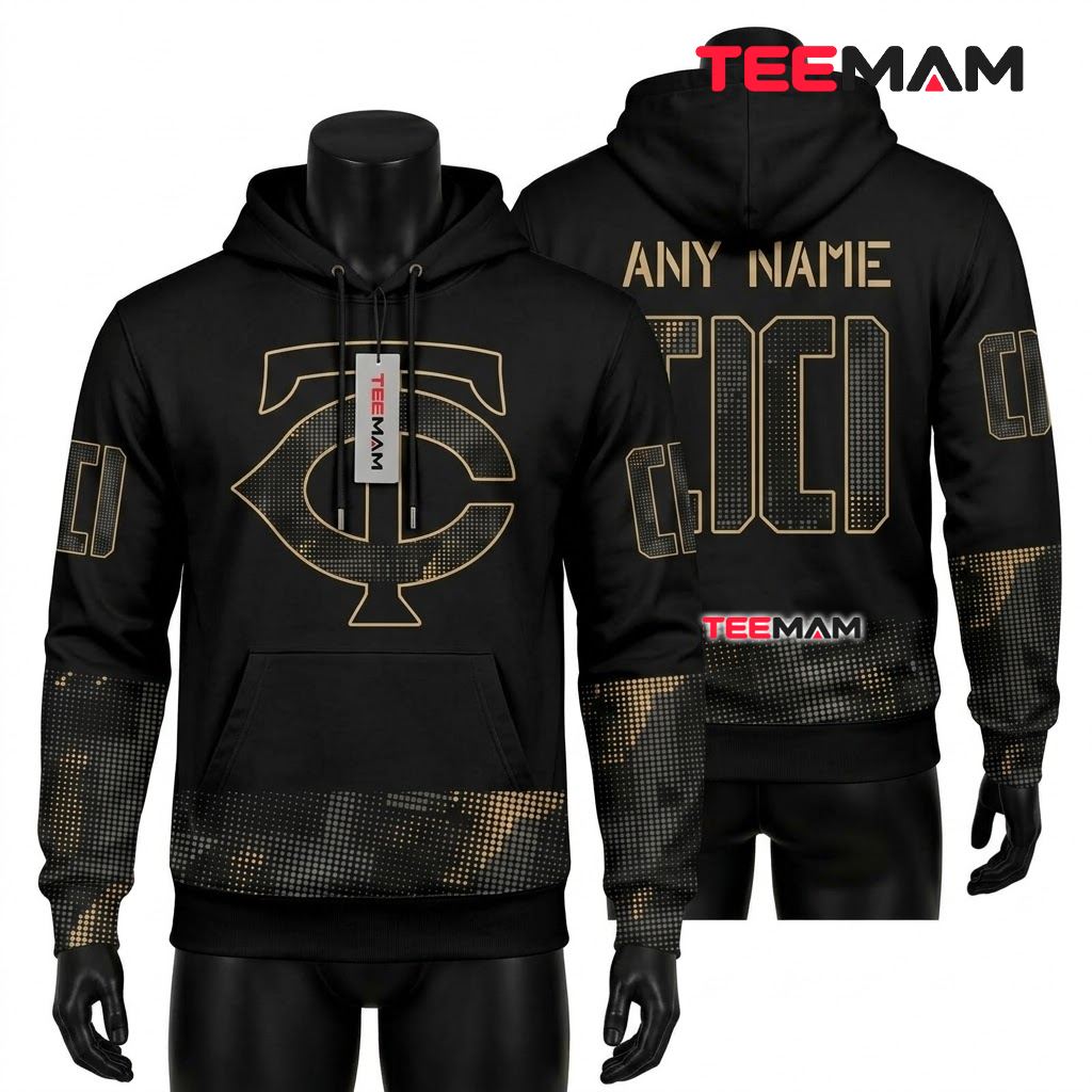 Personalized Minnesota Twins All Over Print 3D Hoodie Black Gold Halftone Front