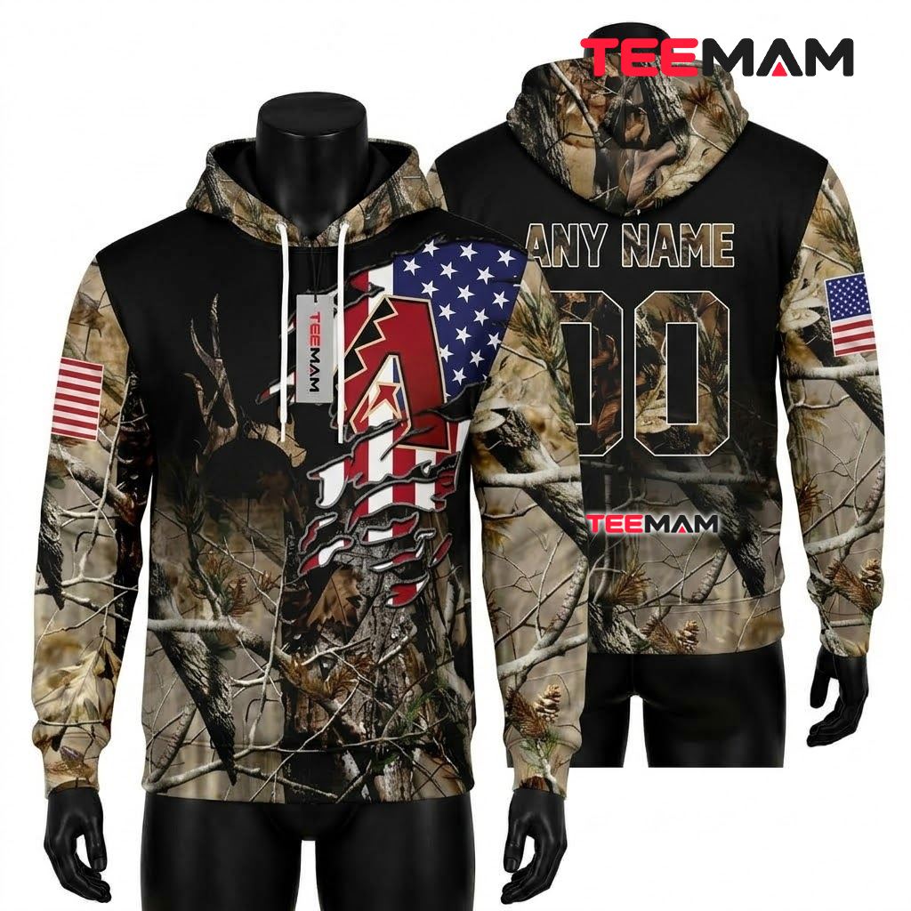 Personalized Name Arizona Diamondbacks 3D Hoodie Realtree Camo Flag Front
