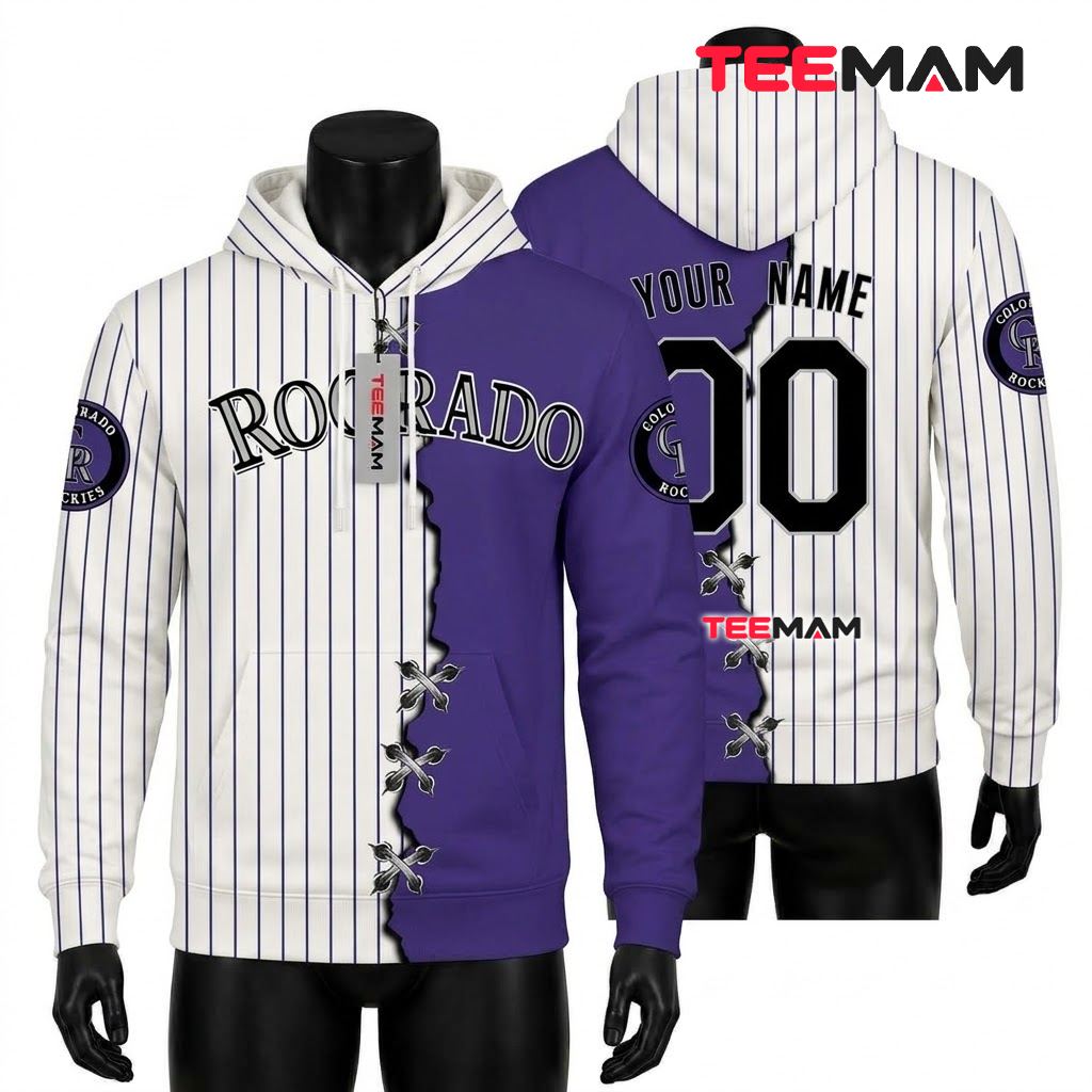 Personalized Name Colorado Rockies 3D Hoodie Purple White Split Jersey Front