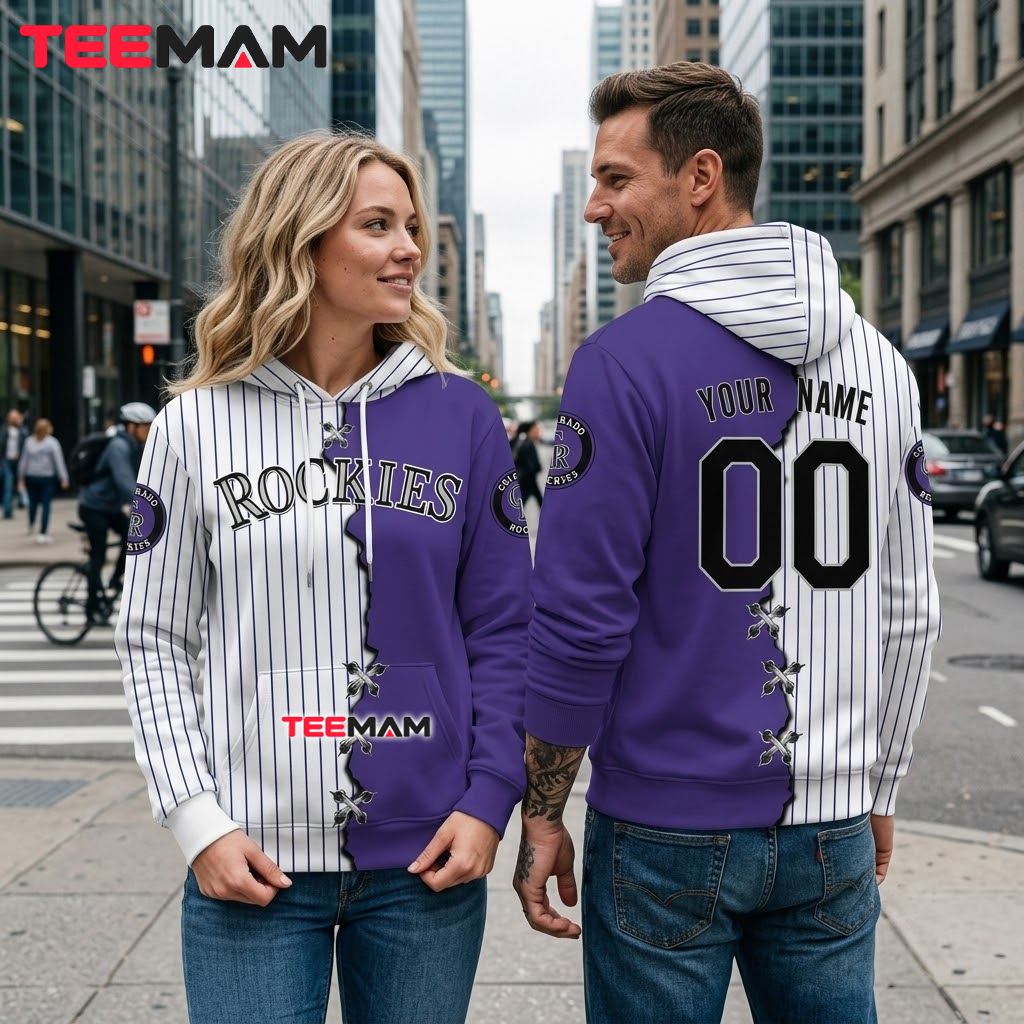 Personalized Name Colorado Rockies 3D Hoodie Purple White Split Jersey Back Personalized Name Colorado Rockies 3D Hoodie Purple White Split Jersey Back