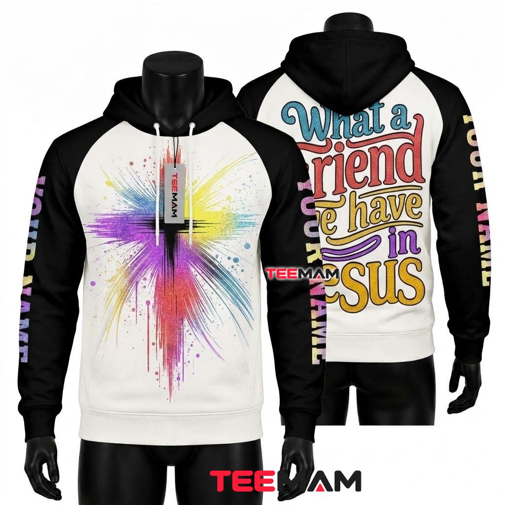 Personalized Name Jesus 3D Hoodie What A Friend Rainbow Cross Front
