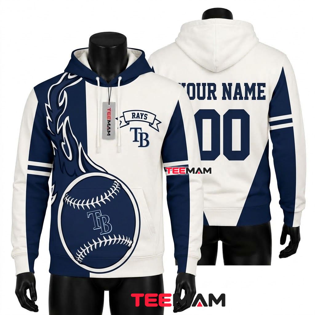 Personalized Name Tampa Bay Rays 3D Hoodie Flaming Baseball Logo Front