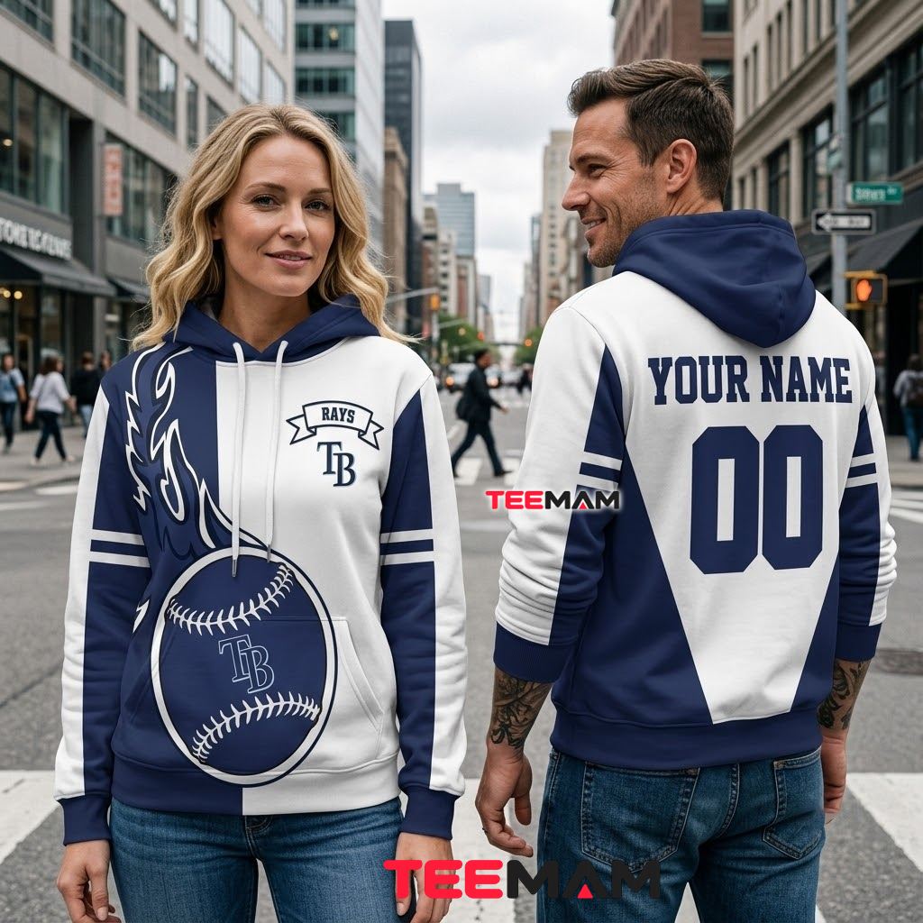 Personalized Name Tampa Bay Rays 3D Hoodie Flaming Baseball Logo Back Personalized Name Tampa Bay Rays 3D Hoodie Flaming Baseball Logo Back