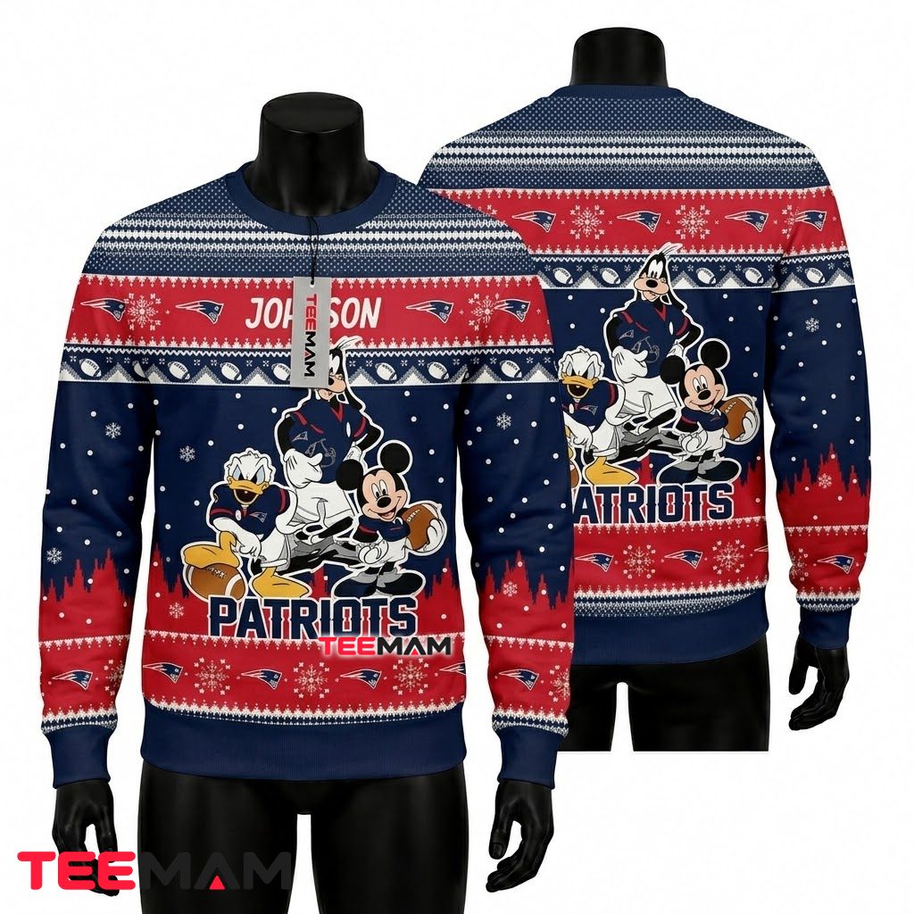Personalized New England Patriots Ugly Christmas Sweater Mickey Donald Goofy Design Front