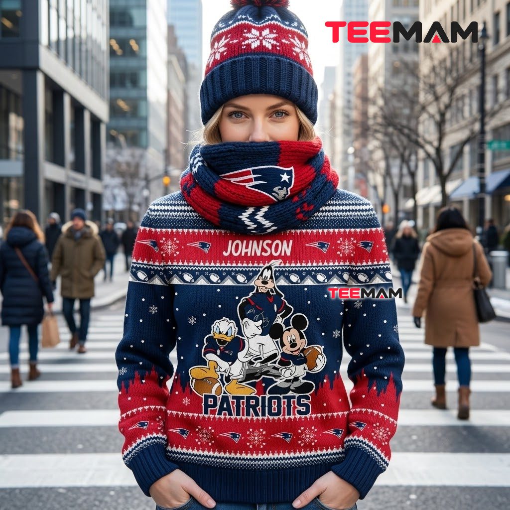 Personalized New England Patriots Ugly Christmas Sweater Mickey Donald Goofy Design Back Personalized New England Patriots Ugly Christmas Sweater Mickey Donald Goofy Design Back