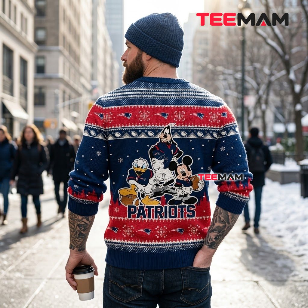 Personalized New England Patriots Ugly Christmas Sweater Mickey Donald Goofy Design Version 3 Personalized New England Patriots Ugly Christmas Sweater Mickey Donald Goofy Design Version 3