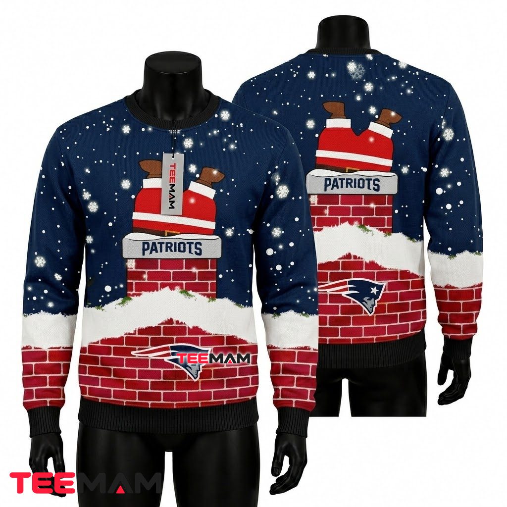 Personalized New England Patriots Ugly Christmas Sweater Santa Chimney Design Front