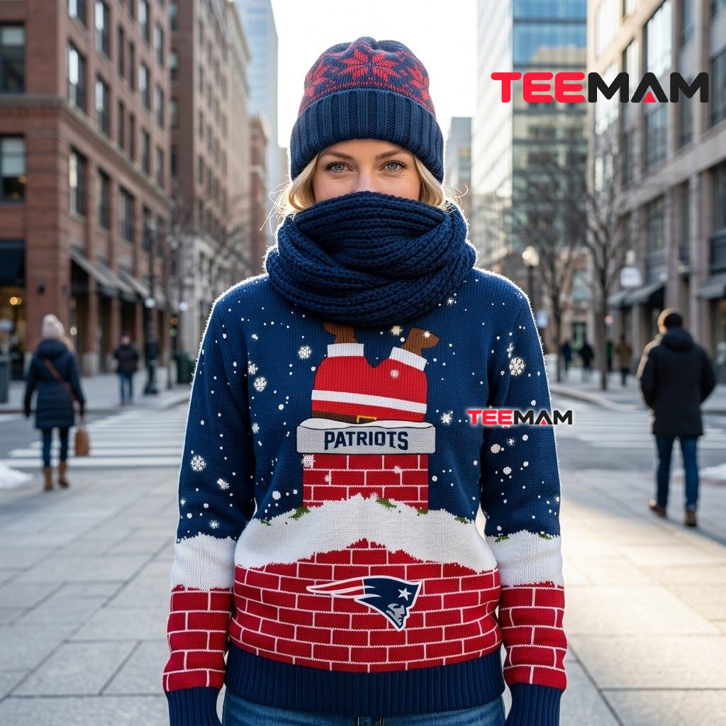 Personalized New England Patriots Ugly Christmas Sweater Santa Chimney Design Back Personalized New England Patriots Ugly Christmas Sweater Santa Chimney Design Back