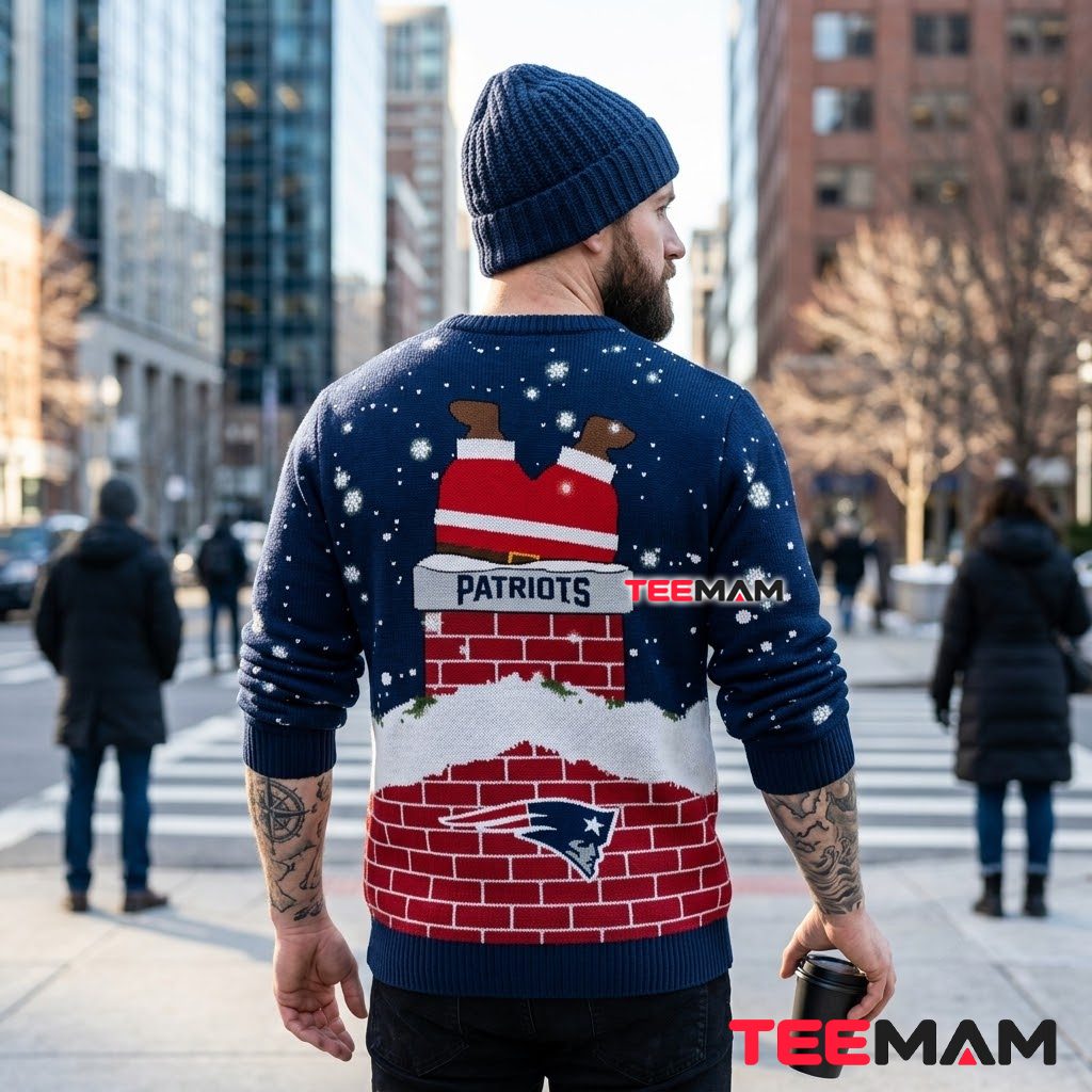 Personalized New England Patriots Ugly Christmas Sweater Santa Chimney Design Version 3 Personalized New England Patriots Ugly Christmas Sweater Santa Chimney Design Version 3