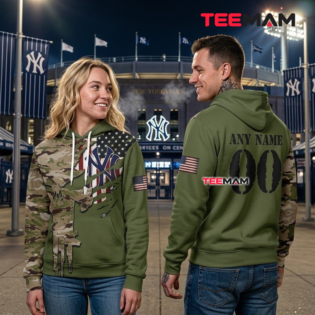 Personalized New York Yankees 3D Hoodie Punisher Camo Back Personalized New York Yankees 3D Hoodie Punisher Camo Back
