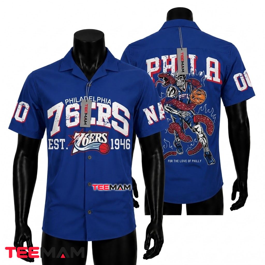 Personalized Philadelphia 76ers Aloha Shirt Skeleton Player Front
