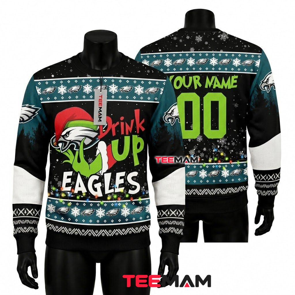 Personalized Philadelphia Eagles Ugly Christmas Sweater Drink Up Design Front