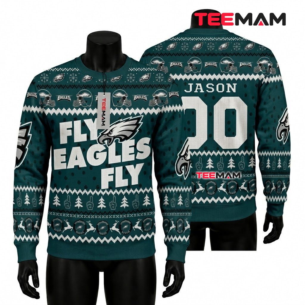 Personalized Philadelphia Eagles Ugly Christmas Sweater Fly Eagles Fly Design Front