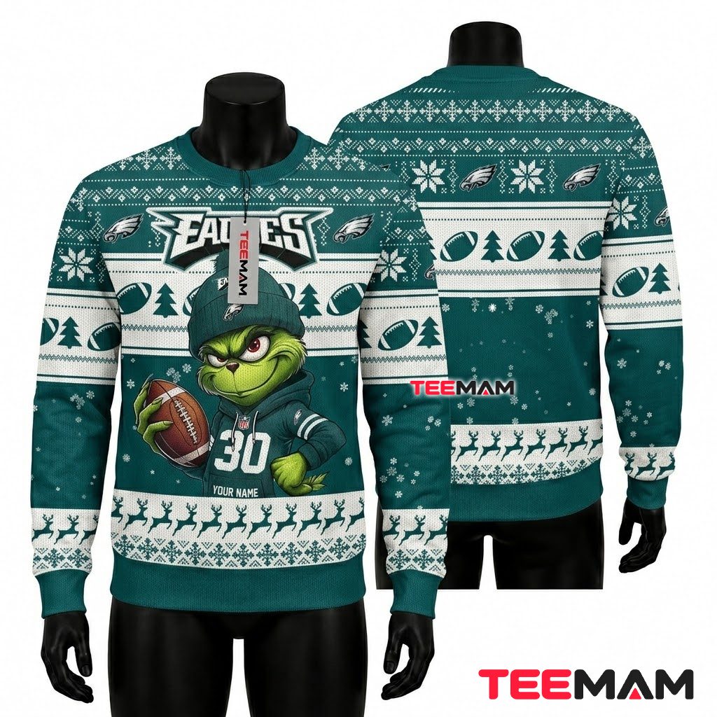 Personalized Philadelphia Eagles Ugly Christmas Sweater Grinch Football Design Front