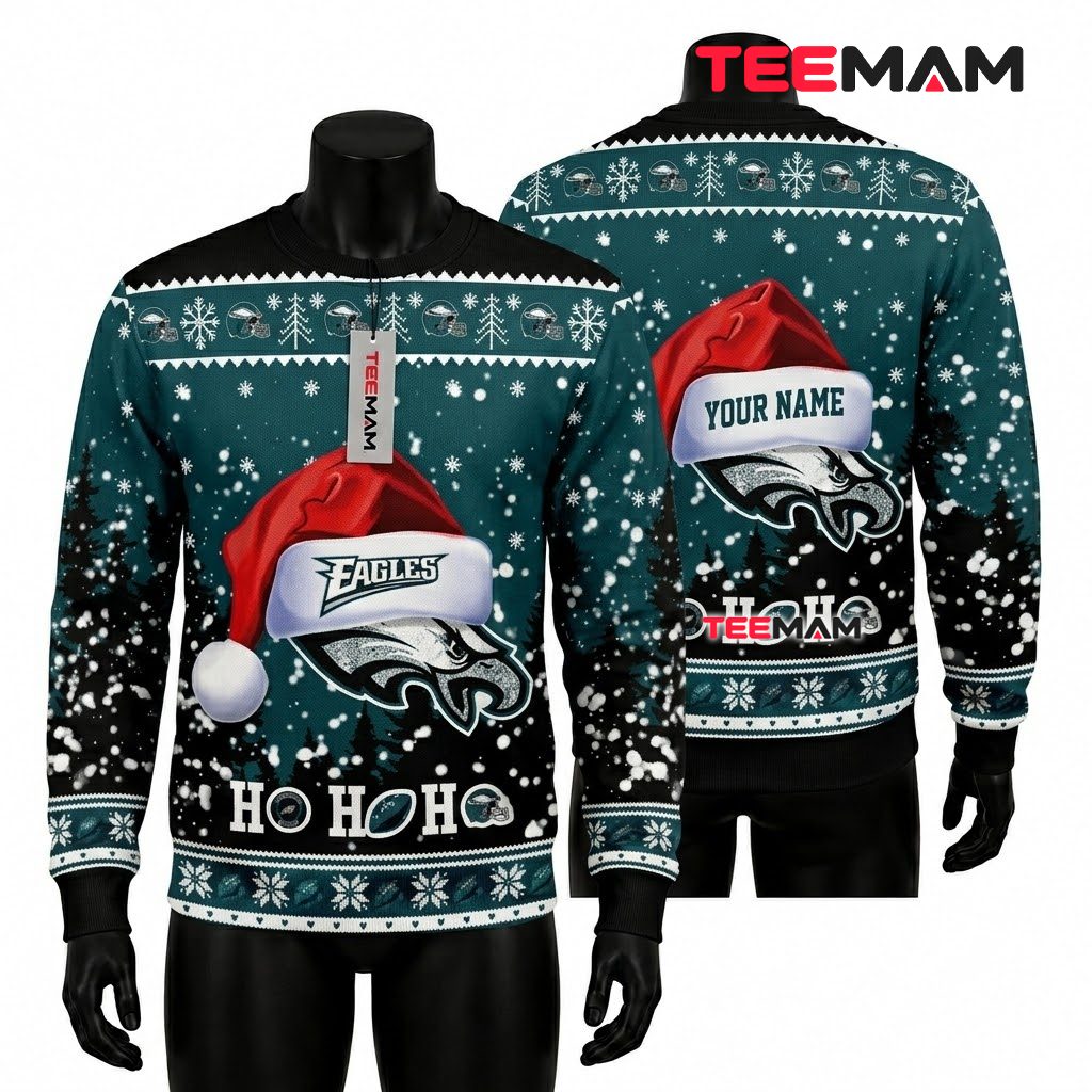 Personalized Philadelphia Eagles Ugly Christmas Sweater Ho Ho Ho Design Front
