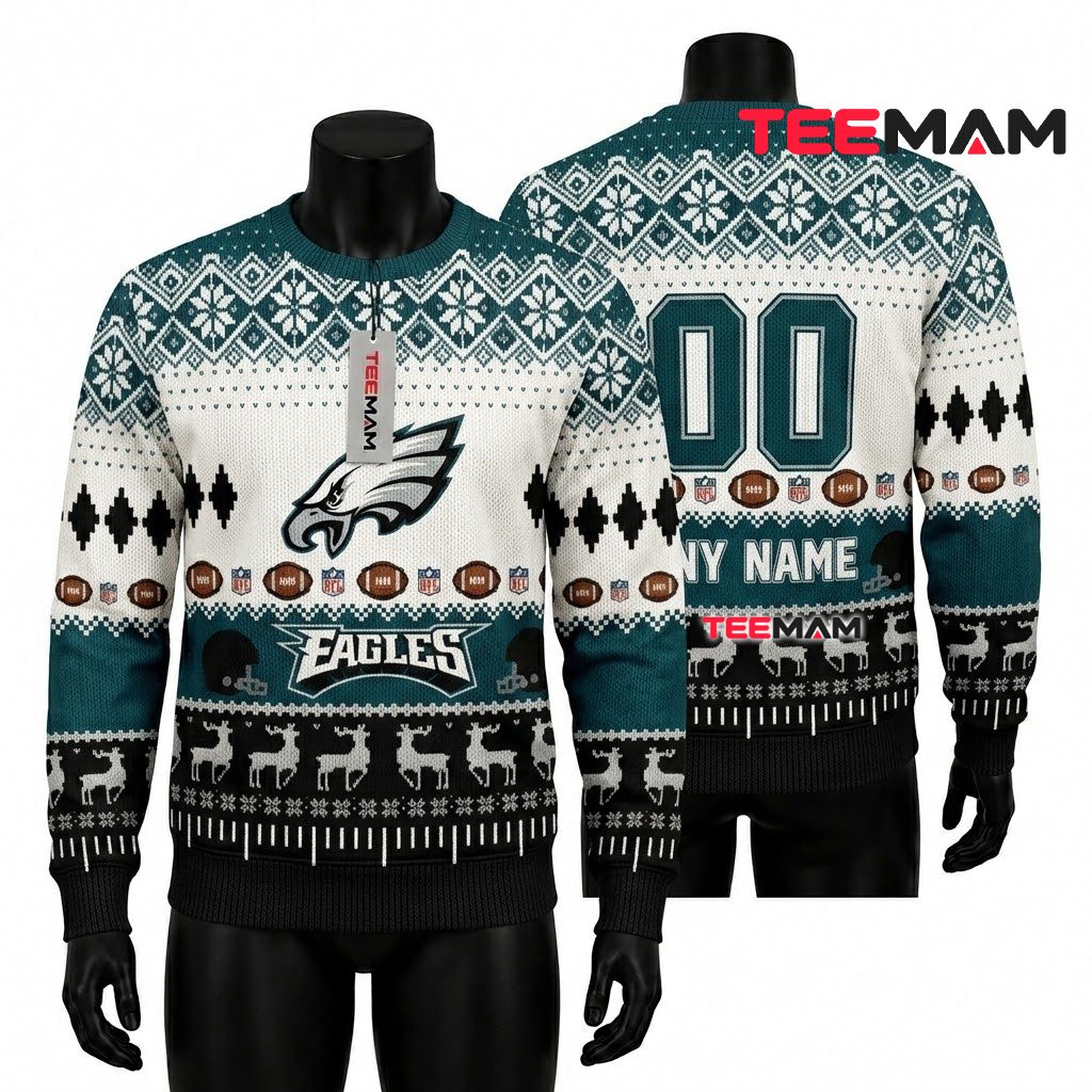 Personalized Philadelphia Eagles Ugly Christmas Sweater Reindeer Snowflake Design Front