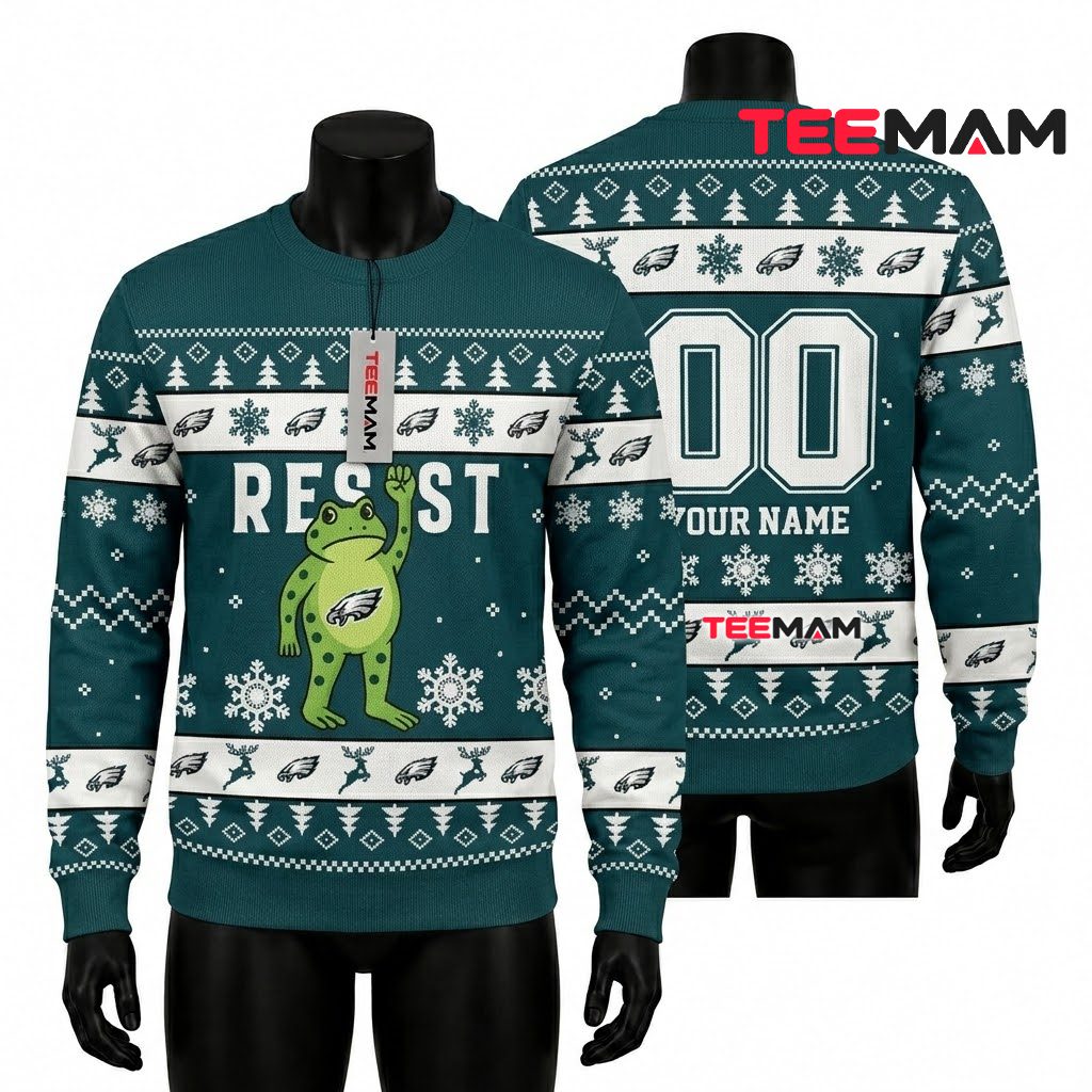 Personalized Philadelphia Eagles Ugly Christmas Sweater Resist Frog Design Front