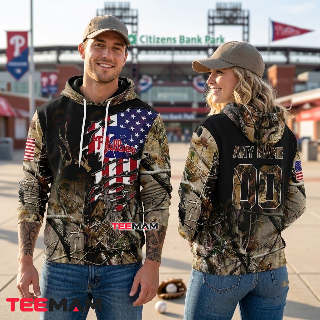 Personalized Philadelphia Phillies 3D Hoodie Deer American Flag Camouflage Back Personalized Philadelphia Phillies 3D Hoodie Deer American Flag Camouflage Back