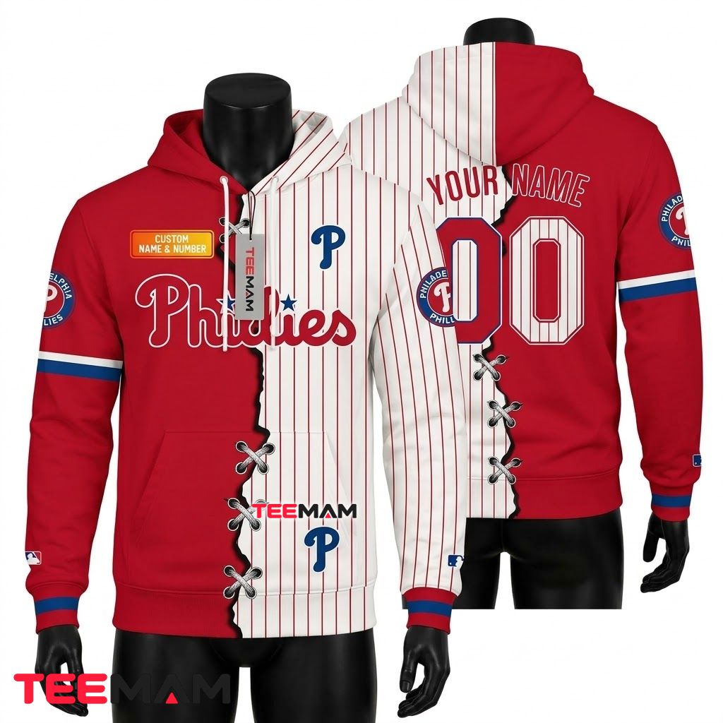 Personalized Philadelphia Phillies 3D Hoodie Diagonal Stripe Red Blue