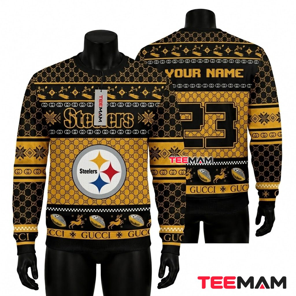 Personalized Pittsburgh Steelers Ugly Christmas Sweater Gucci Pattern Design Front