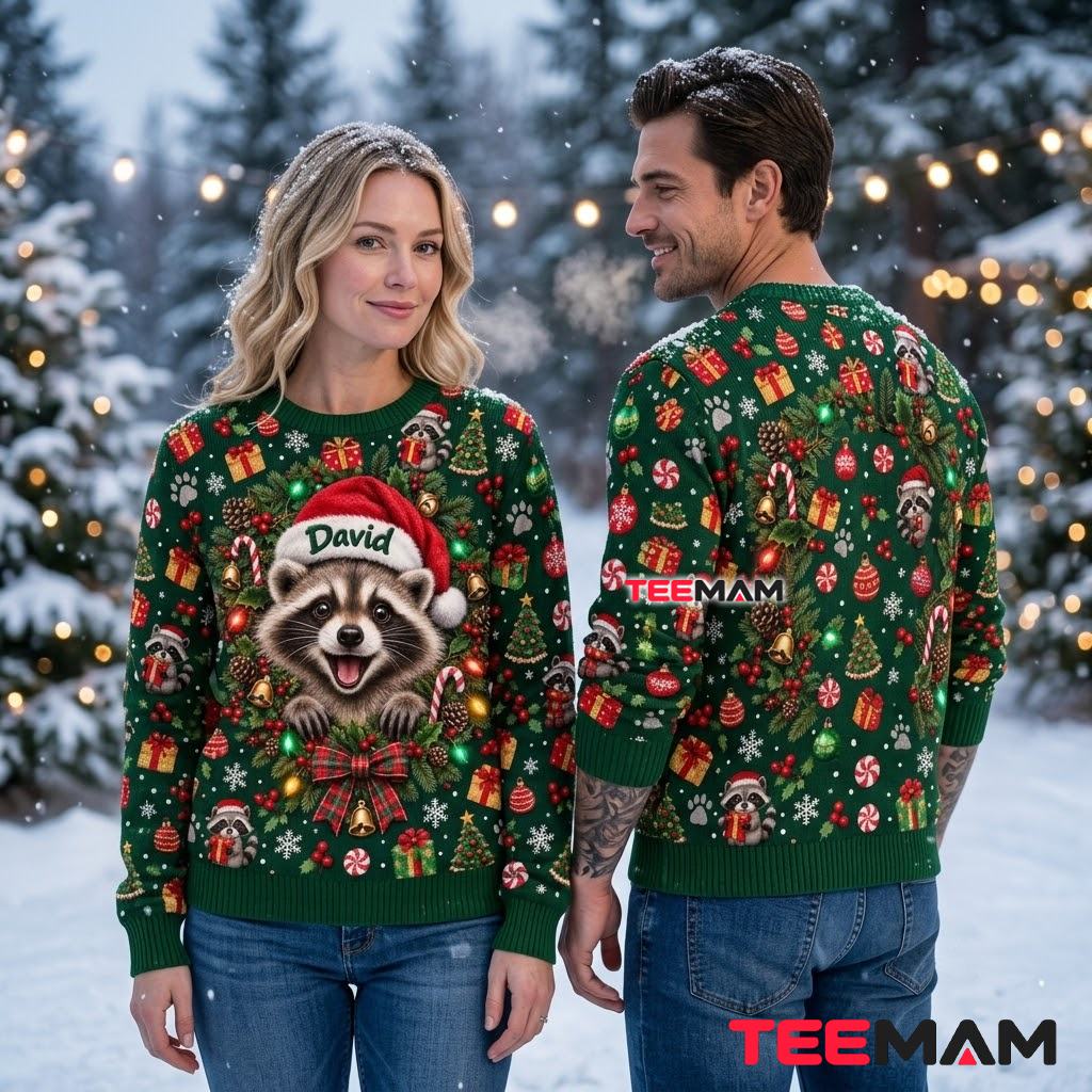 Personalized Raccoon Ugly Christmas Sweater Santa Wreath Back Personalized Raccoon Ugly Christmas Sweater Santa Wreath Back