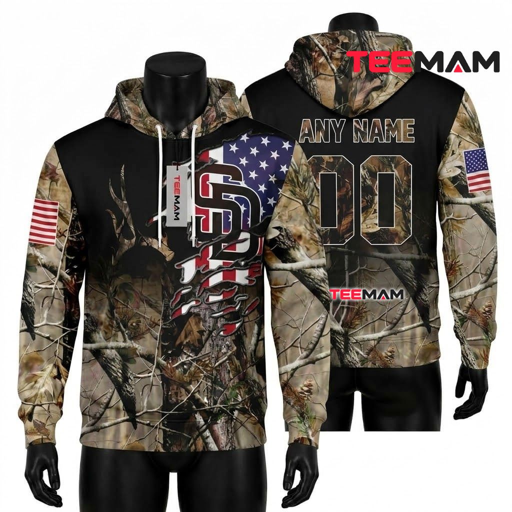 Personalized San Diego Padres 3D Hoodie Camo Deer American Flag Front